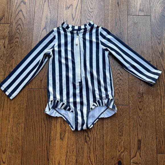 H&M Girls Navy Blue and White Striped One-Piece Long-sleeved Swimsuit 9-12M - Picture 1 of 9